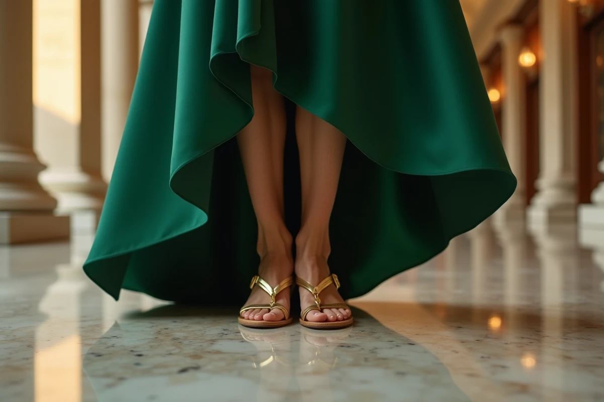 Sandales dorées à petit talon portées avec une robe de soirée verte sur un sol en marbre dans un hôtel élégant