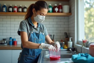 Femme portant des gants nitrile et un masque respiratoire en train de mesurer une teinture polyester liquide dans un espace artisanal organisé