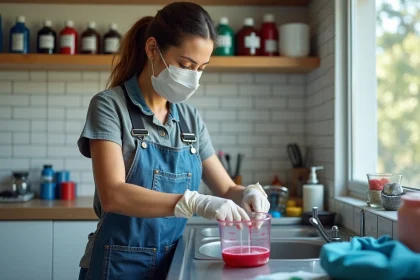 Femme portant des gants nitrile et un masque respiratoire en train de mesurer une teinture polyester liquide dans un espace artisanal organisé