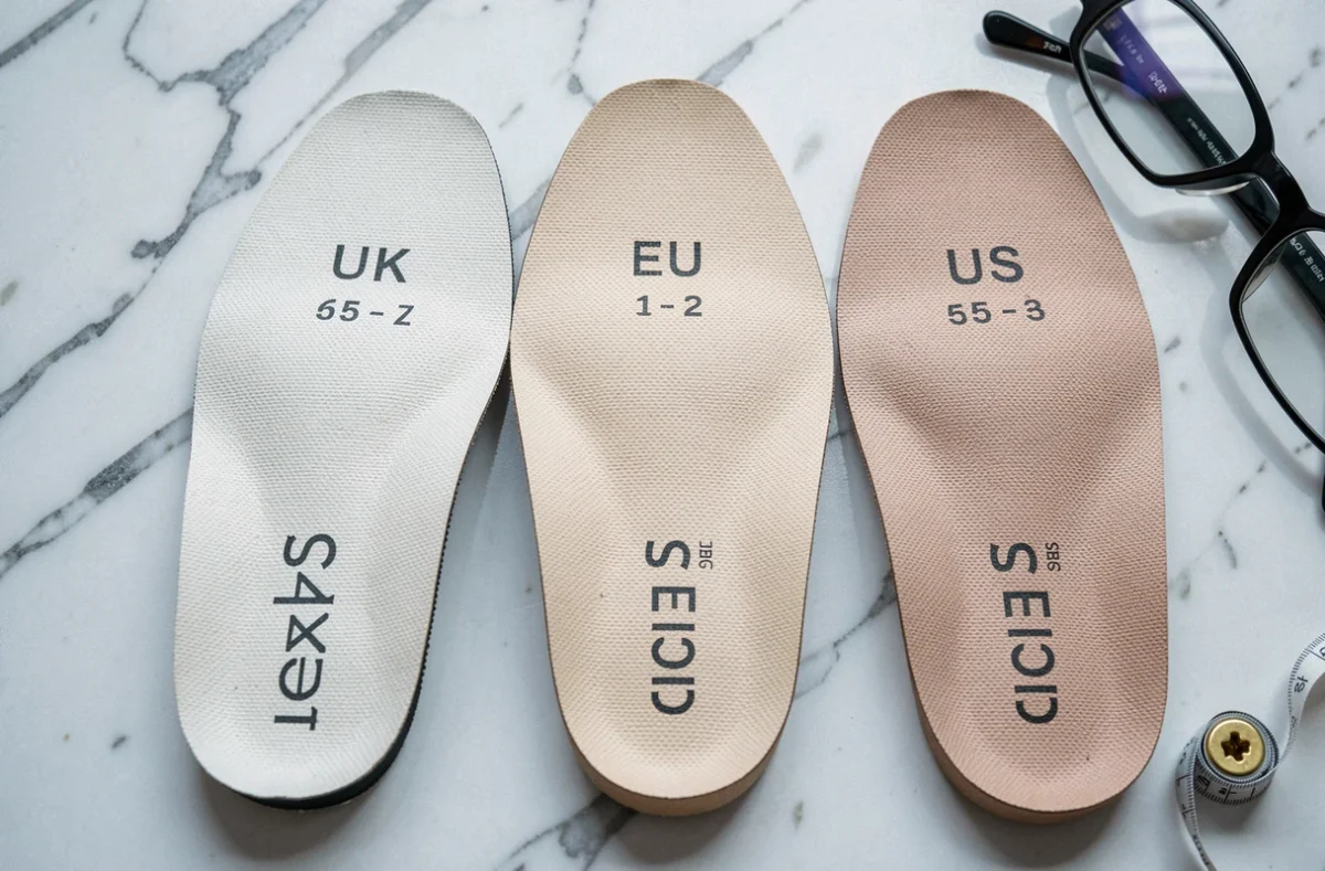 Trois semelles de chaussures avec des marquages de pointure UK, EU et US de marques différentes posées sur une surface en marbre blanc, illustrant les écarts de taille chaussure selon les fabricants