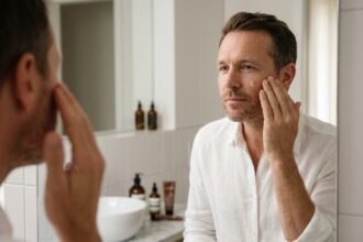 Homme dans la quarantaine appliquant un sérum visage anti-âge dans une salle de bain minimaliste moderne