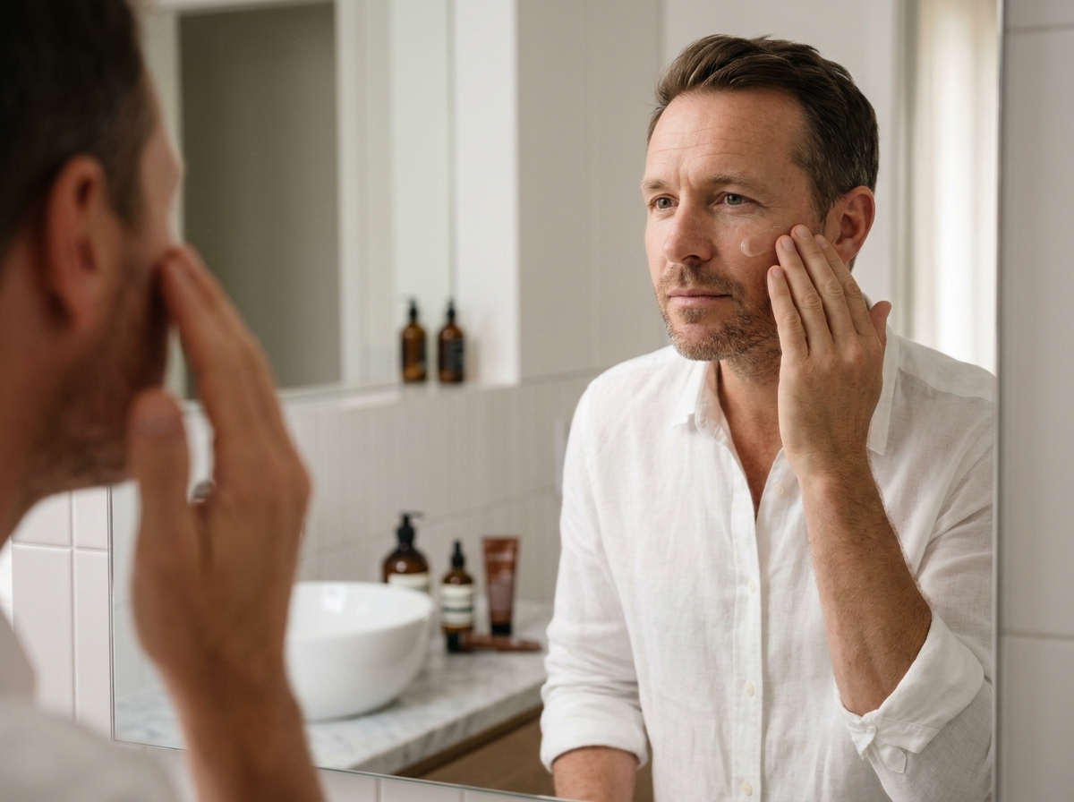 Homme dans la quarantaine appliquant un sérum visage anti-âge dans une salle de bain minimaliste moderne