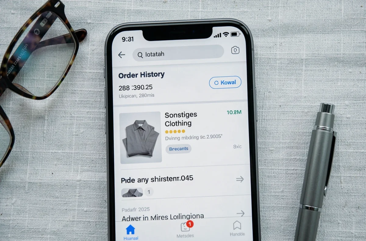 Vue de dessus d'un smartphone affichant une commande en ligne avec la mention Sonstiges Clothing dans l'historique des achats