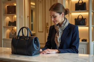Femme élégante examinant un sac en cuir de luxe dans une boutique parisienne haut de gamme, illustration de la stratégie de marque LVMH