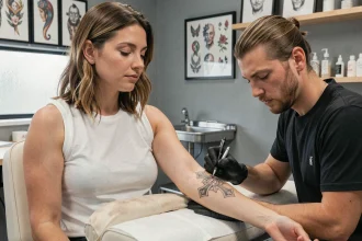 Femme faisant tatouer une croix du Portugal sur l'avant-bras dans un studio de tatouage moderne et propre