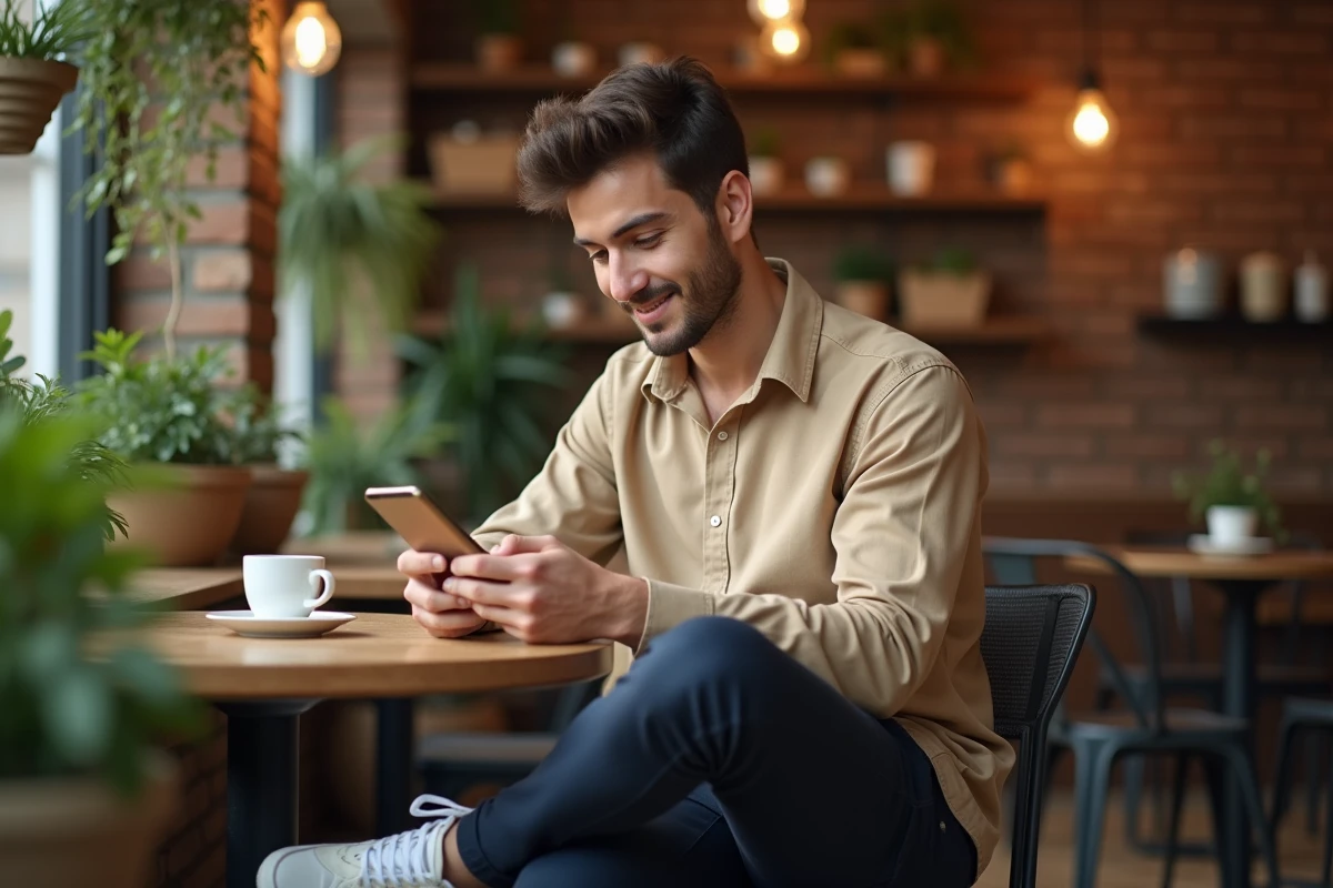 Jeune homme en tenue islamique moderne et discrète dans un café, tunique beige et pantalon marine pour un style musulman quotidien