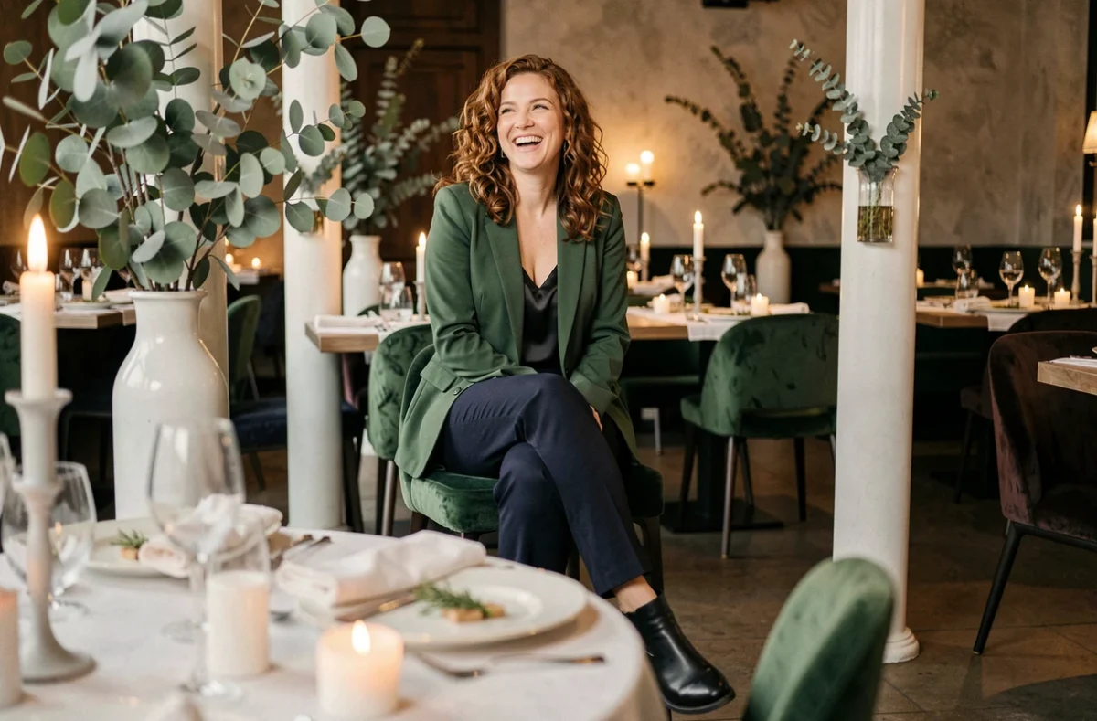 Femme en blazer vert forêt et pantalon marine dans un restaurant pour le Nouvel An, tenue élégante sans paillettes