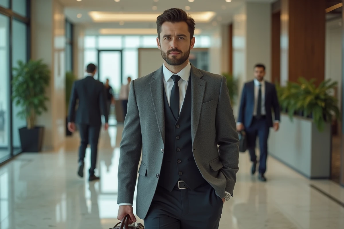 Homme en thobe discret et blazer professionnel dans un hall de bureau moderne, style vestimentaire musulman adapté au milieu professionnel