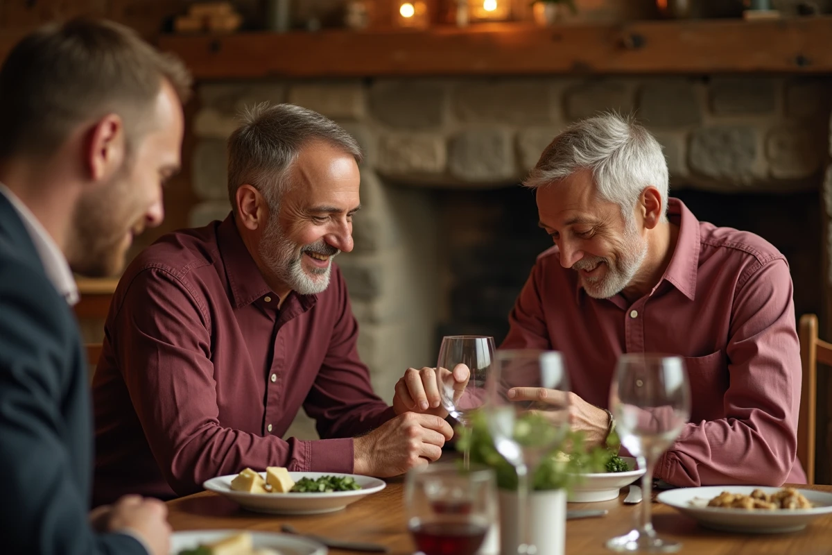 Transmission d'une chevalière en argent massif entre père et fils lors d'un repas de famille célébration