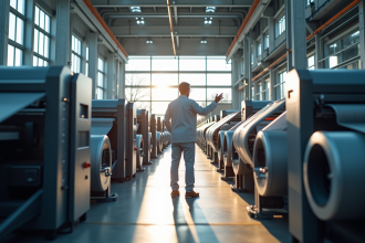 Usine textile moderne avec machines avancées et ingénieurs