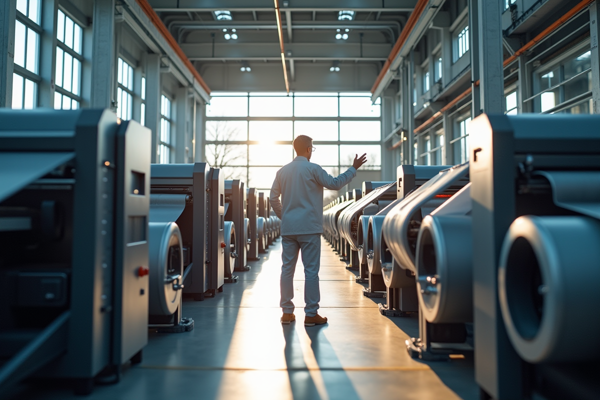 Usine textile moderne avec machines avancées et ingénieurs