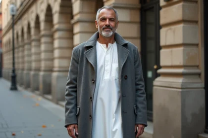 Homme musulman en qamis blanc discret sous un manteau gris dans une rue européenne, tenue islamique sobre et élégante
