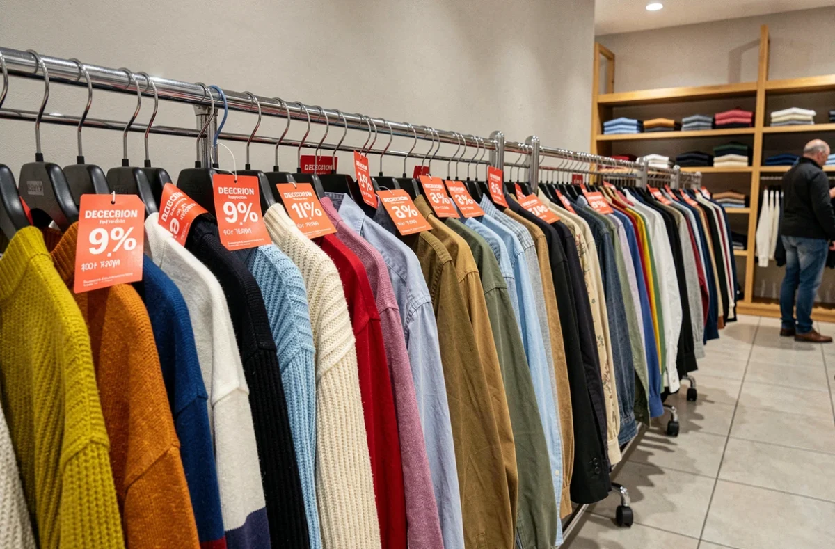 Portant de vêtements en soldes avec des étiquettes de réduction dans une boutique française